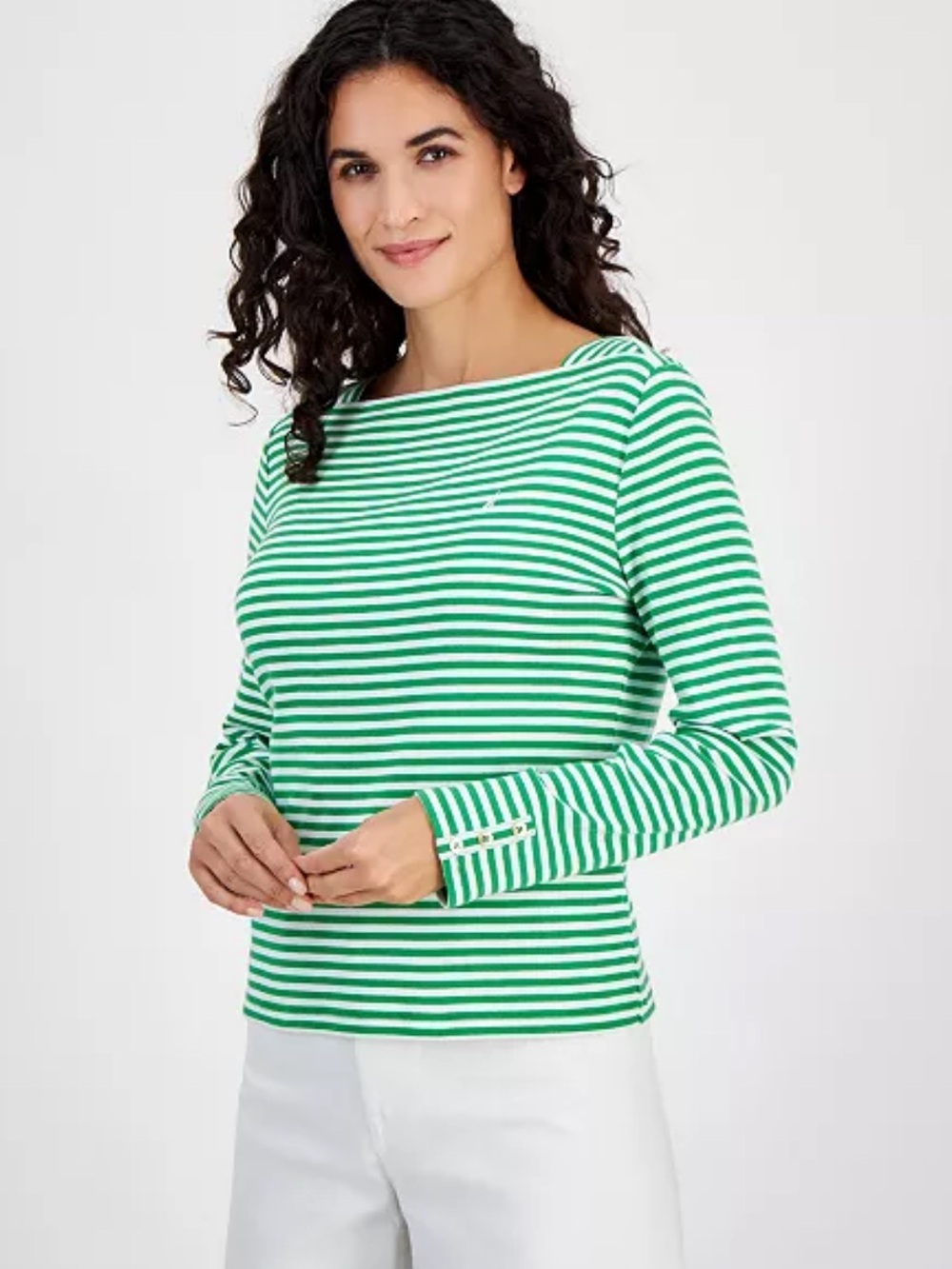 Nautica Green & White Striped 3/4 Sleeve Boat Neck Shirt Top Size Large Preppy